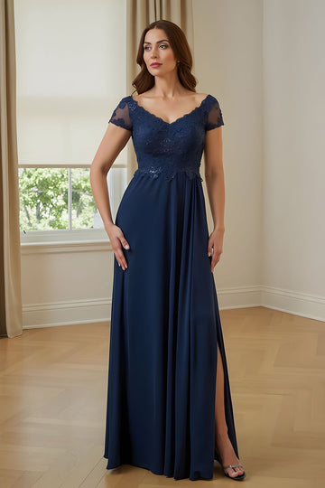 Navy A Line Satin Appliqued Long Mother of the Bride Dress with Slit